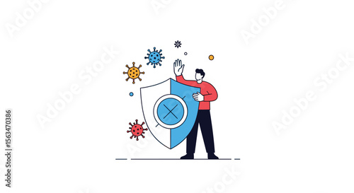 Two people holding a large shield protecting against viruses and bacteria representing health and immunity during a pandemic