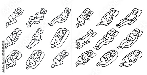 Series of pictures of people in various positions, including one with a pillow and another with a blanket