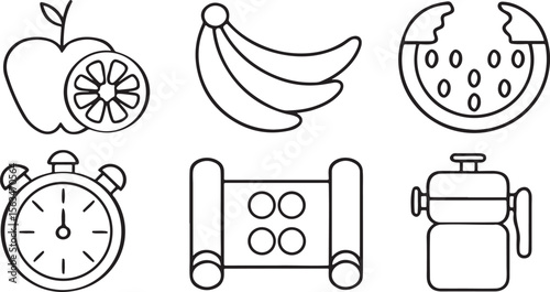 Balanced Diet and Wellness Icon Set, fruits, routine, water bottle, sleep, nutrition, meditation, icons for health tracking apps