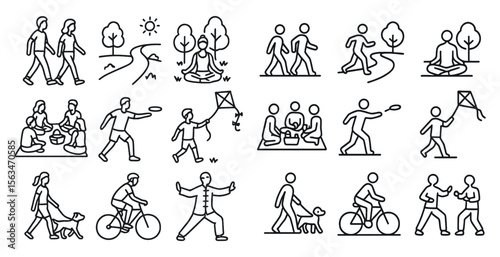 Series of black and white illustrations of people doing various activities outdoors. The mood of the images is cheerful and active, with people enjoying the outdoors