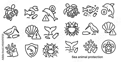 Series of black and white icons that represent sea animals and the importance of protecting them. The icons include a turtle, a dolphin, a crab, and a fish