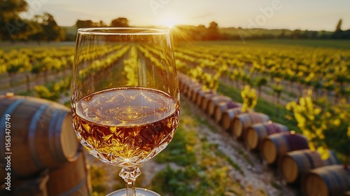 Golden Pineau crystal wine glass late afternoon sun glowing through honey colored liquid vineyard rows stretching to horizon 50mm lens Charentes wine cellar with oak barrels