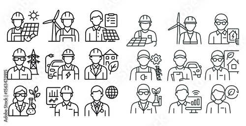 Series of men and women in various work uniforms, including construction workers, engineers, and office workers