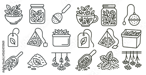 Collection of tea-related symbols, such as teapots, tea bags, and tea infusers