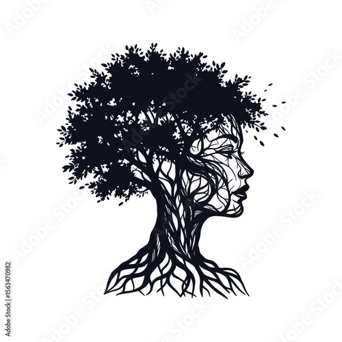 Woman Tree Silhouette Nature Roots Growth Feminine Spiritual Art Black and White Vector Graphic