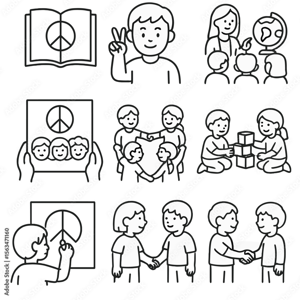 Peace Education Icons. Line style icons of child and peace education: peace school book, child raising peace sign, inclusive Peace Education Icons. Line style icons of child and peace education: peace school book, child raising peace sign, inclusive