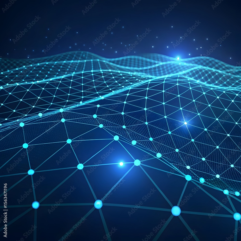 Fototapeta premium “Futuristic glowing blue mesh network forming abstract waves in a digital space.”