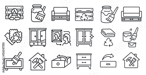 Set of icons for furniture and home decor, including a couch, a chair, a table, a bed, a dresser, a lamp, a vase, a jar, a cup, a book, a bottle, a bowl, a