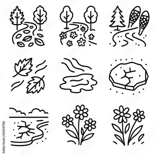 Seasonal Trail Icons. Line style icons of seasonal trail changes: autumn leaf path, spring bloom trail, winter snowshoe trail,