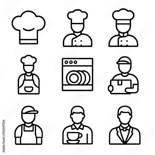 Kitchen Staff Icons. Line style icons of kitchen staff roles: chef hat, line cook, sous chef, pastry chef, dishwasher icon,
