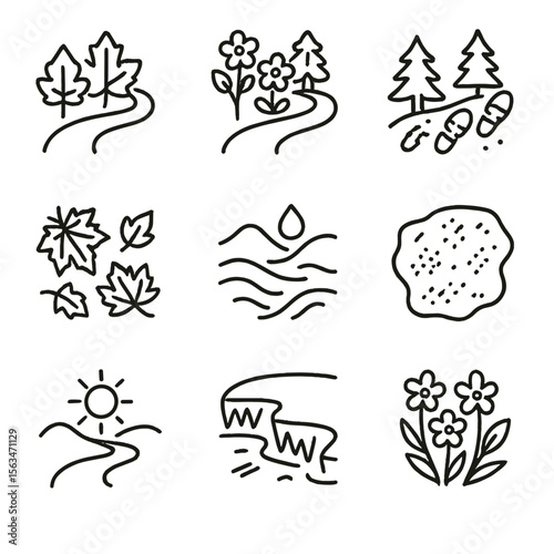Seasonal Trail Icons. Line style icons of seasonal trail changes: autumn leaf path, spring bloom trail, winter snowshoe trail,