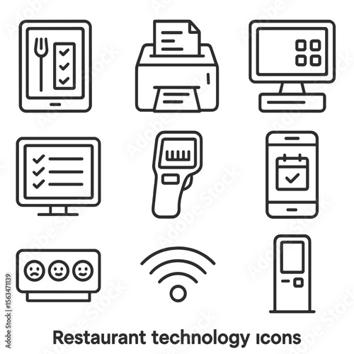 Restaurant Tech Icons. Line style icons of restaurant technology: digital ordering tablet, kitchen printer icon, POS system,