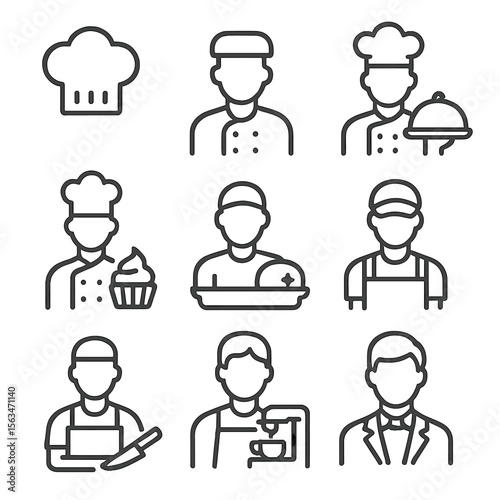 Kitchen Staff Icons. Line style icons of kitchen staff roles: chef hat, line cook, sous chef, pastry chef, dishwasher icon,
