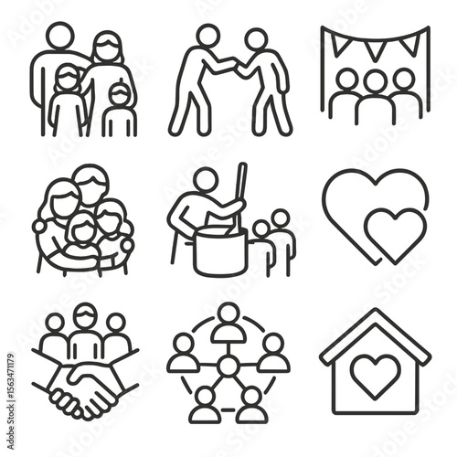 Community Icons. Line style icons of family and local unity: parents and kids in unity, neighbors helping icon, local event banner