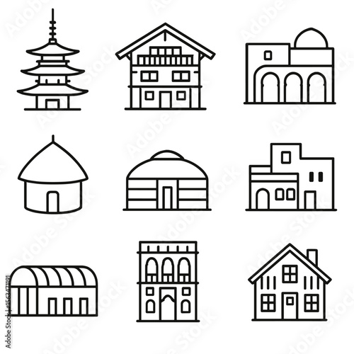 Traditional Architecture Icons. Line style icons of traditional architecture: Japanese pagoda, Swiss chalet, Middle Eastern