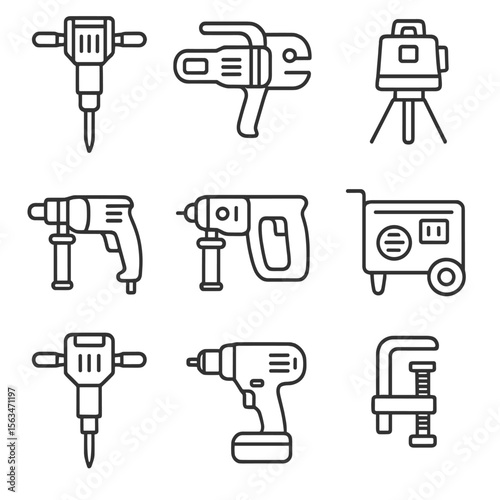 Construction Tools Icons. Line style icons of construction site tools: jackhammer, rebar cutter, steel wrench, laser level, rotary