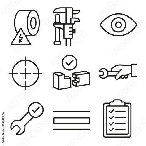 Mechanical Inspection Icons. Line style icons of mechanical inspection: part defect symbol, tool calibration icon, visual