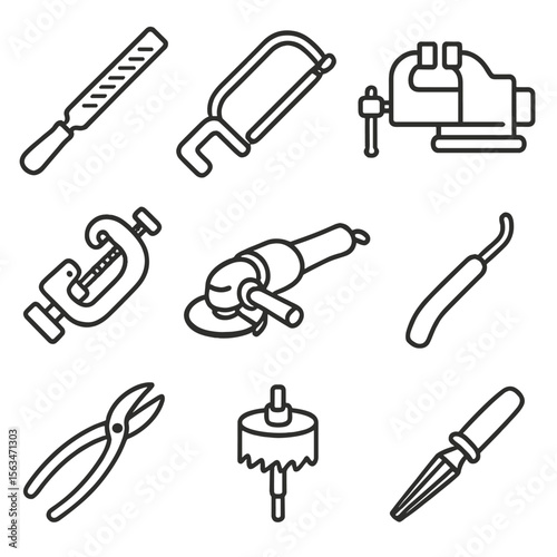 Tool Icons Collection. Line style icons of cutting and shaping tools: metal file, hacksaw, bench vise, pipe cutter, angle grinder,