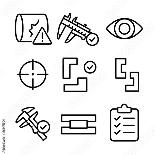 Mechanical Inspection Icons. Line style icons of mechanical inspection: part defect symbol, tool calibration icon, visual