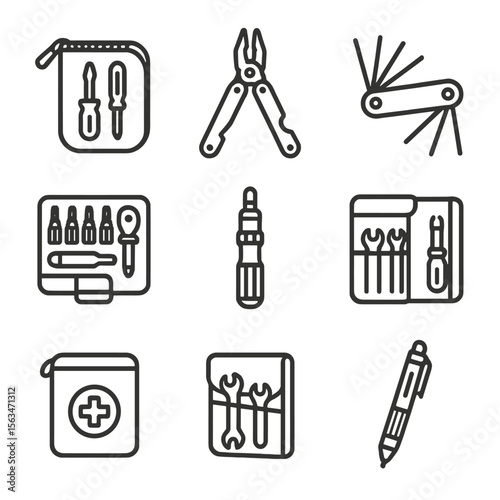 Handheld Tool Icons. Line style icons of hand-held mechanical kits: pocket tool kit, multi-tool, folding hex set, ratcheting