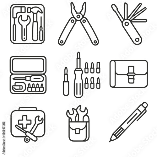 Handheld Tool Icons. Line style icons of hand-held mechanical kits: pocket tool kit, multi-tool, folding hex set, ratcheting