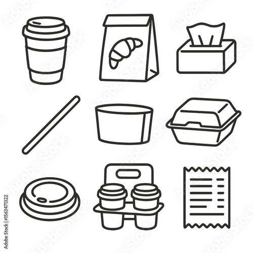 Takeaway Essentials Icons. Line style icons of takeaway items: to-go coffee cup, bakery paper bag, napkin pack, wooden stirrer,