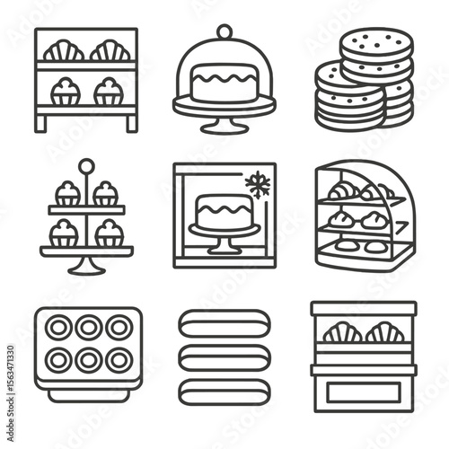 Dessert Icon Collection. Line style icons of dessert showcase: pastry shelf, cake display dome, stacked cookies, tiered dessert