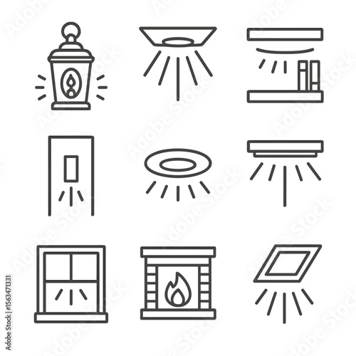 Ambient Lighting Icons. Line style icons of ambient lighting sources: lantern light, indirect ceiling light, backlit shelf, wall