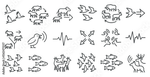 Series of animals and birds are shown in various positions and orientations. The animals include deer, birds, and fish, while the birds are depicted in different sizes and positions