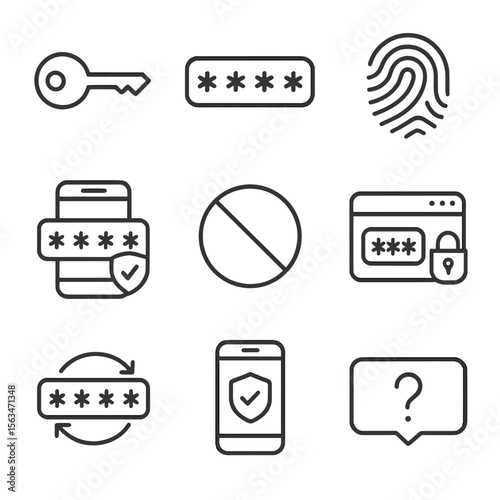 Password Security Icons. Line style icons of password and access control: key icon, password field with dots, fingerprint access,