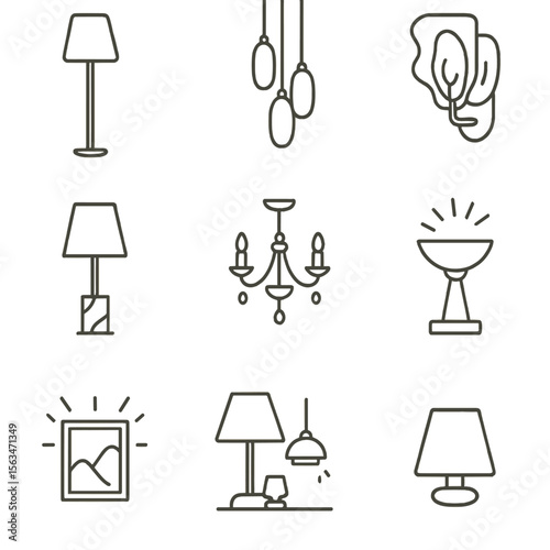 Luxury Lighting Icons. Line style icons of luxury ambient lighting: designer floor lamp, gold pendant cluster, sculpted glass