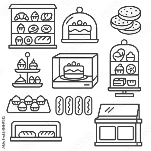 Dessert Icon Collection. Line style icons of dessert showcase: pastry shelf, cake display dome, stacked cookies, tiered dessert