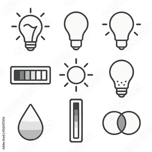 Lighting Temperature Icons. Line style icons of lighting temperature and tone: warm amber icon, cool white symbol, neutral tone