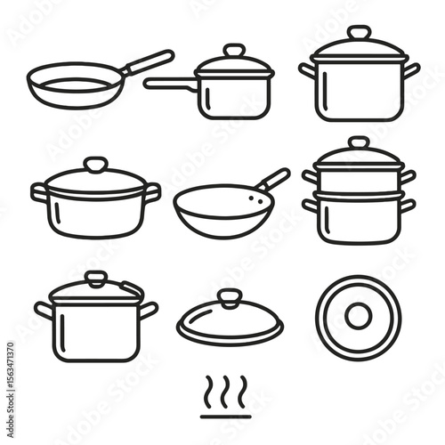Stovetop Cookware Icons. Line style icons of stovetop cookware: frying pan, saucepan, stockpot, casserole dish, wok, steamer pot,