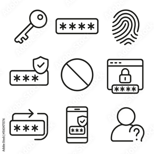 Password Security Icons. Line style icons of password and access control: key icon, password field with dots, fingerprint access,