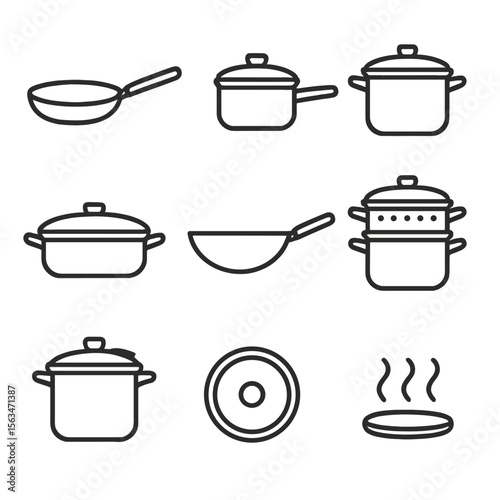 Stovetop Cookware Icons. Line style icons of stovetop cookware: frying pan, saucepan, stockpot, casserole dish, wok, steamer pot,