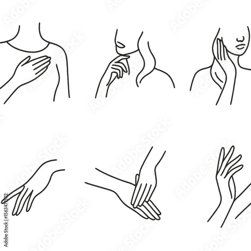 Expressive Feminine Gestures. Line style icons of expressive feminine gestures: hand on heart, fingers touching chin, hand