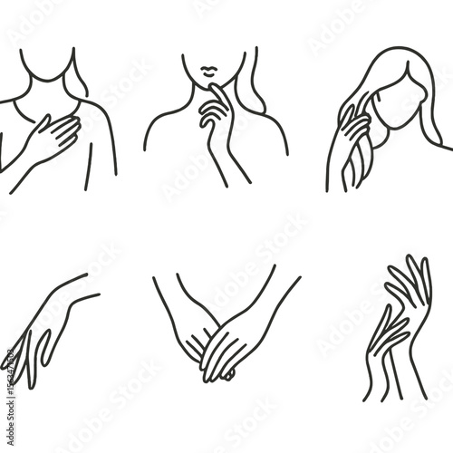 Expressive Feminine Gestures. Line style icons of expressive feminine gestures: hand on heart, fingers touching chin, hand