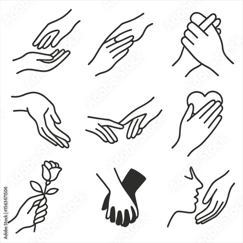 Romantic Hand Gestures. Line style icons of romantic hand gestures: hand reaching for another, soft caress icon, entwined fingers,