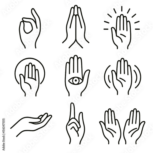 Spiritual Hands Icons. Line style icons of spiritual and graceful hands: hand in meditation pose, prayer hand silhouette, energy