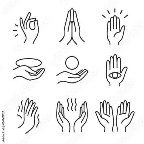 Spiritual Hands Icons. Line style icons of spiritual and graceful hands: hand in meditation pose, prayer hand silhouette, energy