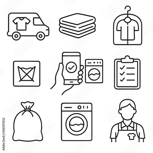 Laundry Service Icons. Line style icons of laundry service and delivery: laundry pickup van, folded stack delivery, dry cleaning