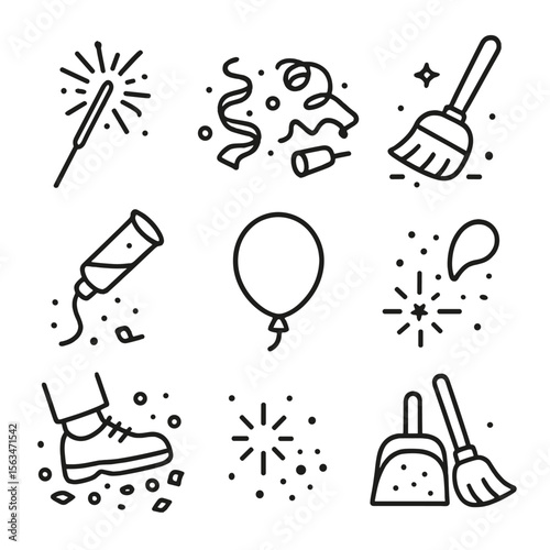 Party Aftermath Icons. Line style icons of celebration aftermath: burnt sparkler, leftover streamers, used popper shell, half