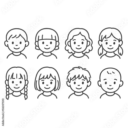 Children's Hair Icons. Line style icons of children’s hair lengths: toddler short hair, bowl cut, shoulder-length curls, medium