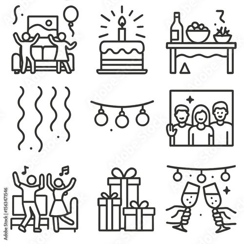 Indoor Celebration Icons. Line style icons of indoor celebration moments: living room party, cake with candle burst, party table