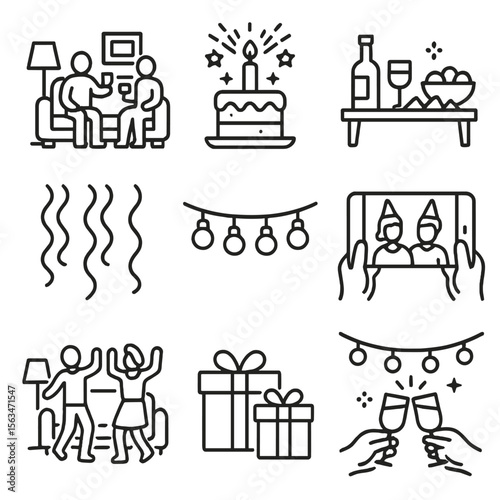 Indoor Celebration Icons. Line style icons of indoor celebration moments: living room party, cake with candle burst, party table