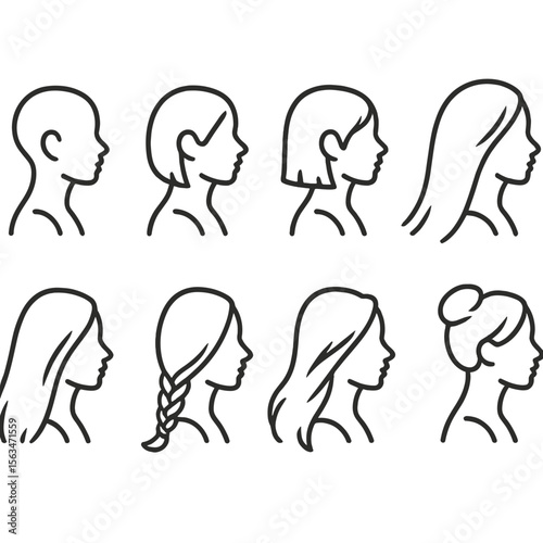 Hair Transformation Icons. Line style icons of hair transition stages: buzz to short, short to bob, bob to shoulder, shoulder to