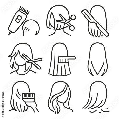 Icons of Haircuts. Line style icons of haircuts by length: barber clippers buzz, scissors on bob, razor trim on medium, layering
