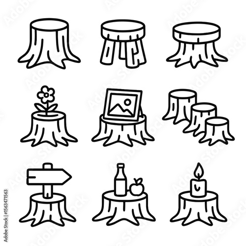 Tree Stump Icons. Line style icons of tree stump uses: stump as seat, carved stool stump, flat table stump, stump with flowerpot,