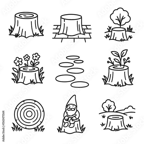 Tree Stump Icons. Line style icons of tree stumps in landscaping: garden stump seat, patio stump stool, backyard stump design,